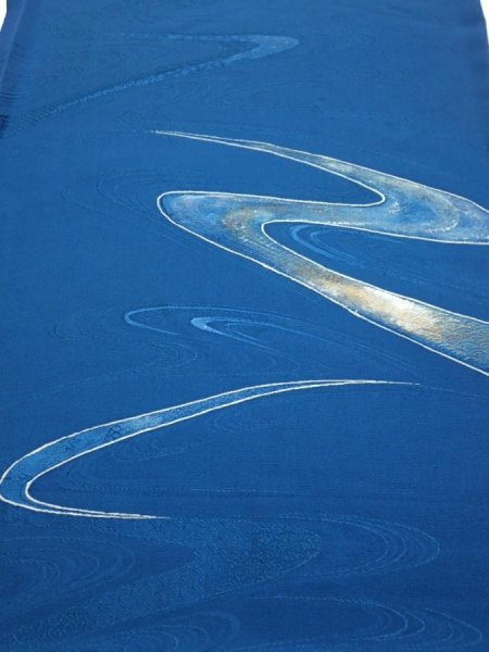 Photo1: 2M01z60  Japanese Kimono Silk  FABRIC Stream Dark blue 42.5x14.4 (1)
