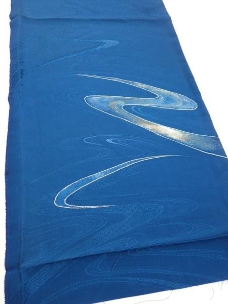 Photo2: 2M01z60  Japanese Kimono Silk  FABRIC Stream Dark blue 42.5x14.4 (2)