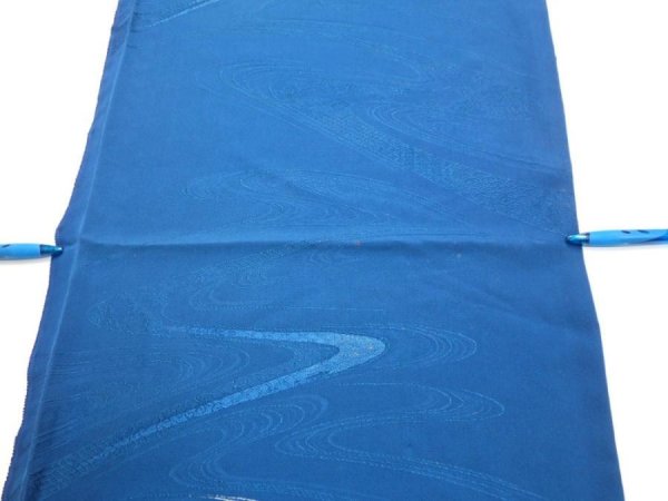 Photo7: 2M01z60  Japanese Kimono Silk  FABRIC Stream Dark blue 42.5x14.4 (7)