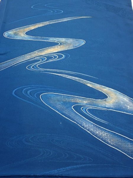 Photo1: 2M02z60  Japanese Kimono Silk  FABRIC Stream Dark blue 42.5x14.4 (1)