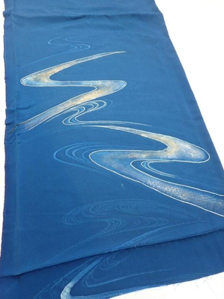 Photo2: 2M02z60  Japanese Kimono Silk  FABRIC Stream Dark blue 42.5x14.4 (2)