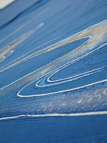 Photo4: 2M02z60  Japanese Kimono Silk  FABRIC Stream Dark blue 42.5x14.4 (4)