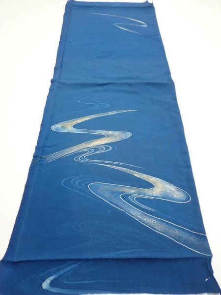 Photo5: 2M02z60  Japanese Kimono Silk  FABRIC Stream Dark blue 42.5x14.4 (5)