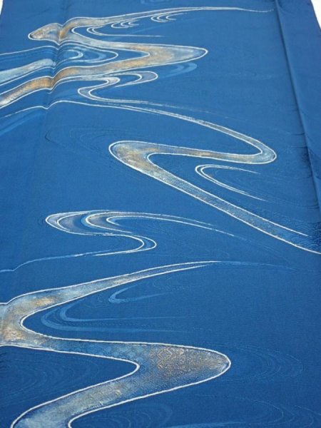 Photo1: 2M03z90  Japanese Kimono Silk  FABRIC Stream Dark blue 66.1x14.4 (1)