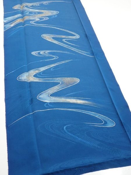 Photo2: 2M03z90  Japanese Kimono Silk  FABRIC Stream Dark blue 66.1x14.4 (2)