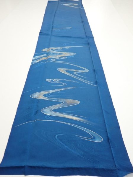Photo5: 2M03z90  Japanese Kimono Silk  FABRIC Stream Dark blue 66.1x14.4 (5)