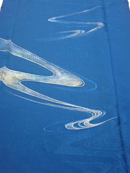 Photo1: 2M04z90  Japanese Kimono Silk  FABRIC Stream Dark blue 66.1x14.4 (1)