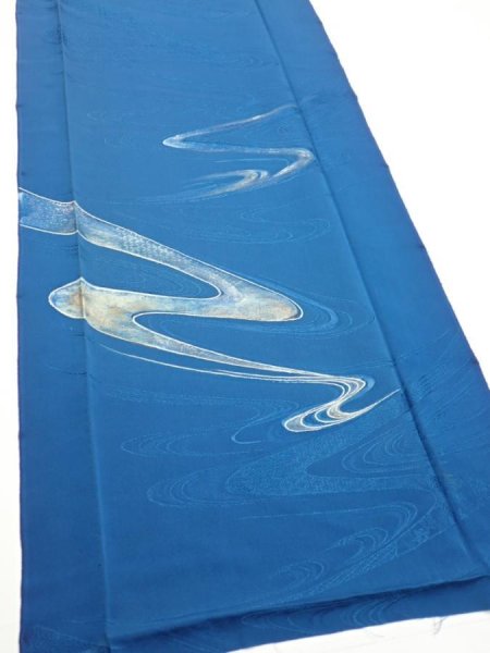 Photo2: 2M04z90  Japanese Kimono Silk  FABRIC Stream Dark blue 66.1x14.4 (2)
