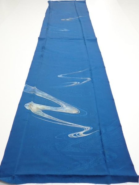 Photo4: 2M04z90  Japanese Kimono Silk  FABRIC Stream Dark blue 66.1x14.4 (4)