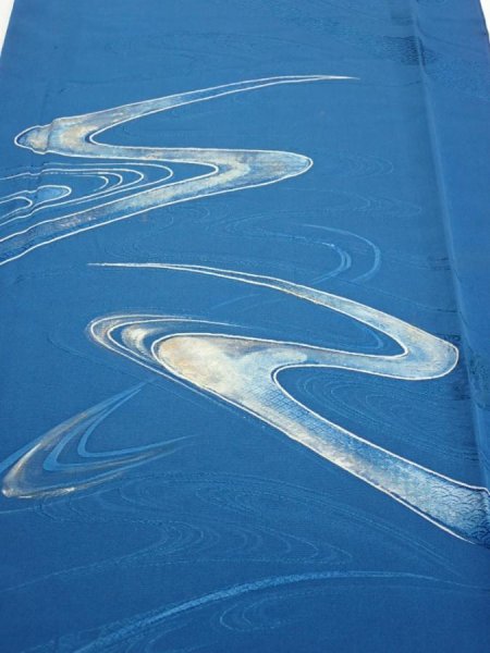 Photo1: 2M05z90  Japanese Kimono Silk  FABRIC Stream Dark blue 66.9x14.4 (1)