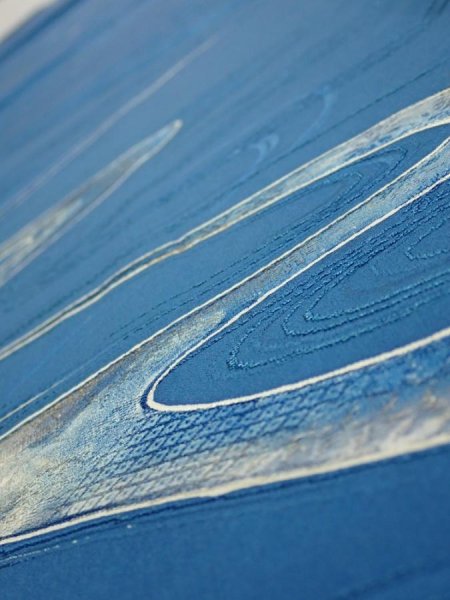 Photo4: 2M05z90  Japanese Kimono Silk  FABRIC Stream Dark blue 66.9x14.4 (4)