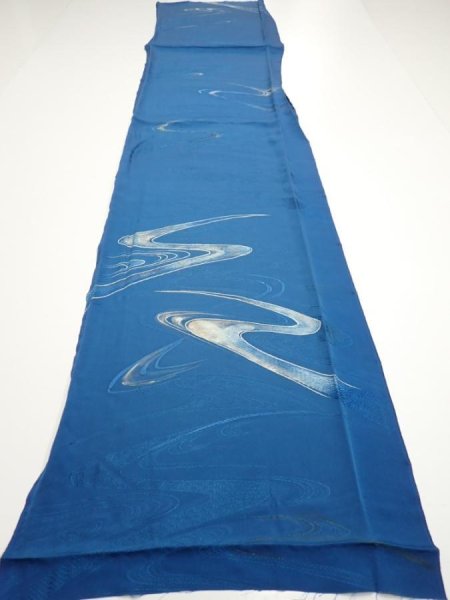 Photo5: 2M05z90  Japanese Kimono Silk  FABRIC Stream Dark blue 66.9x14.4 (5)