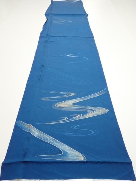 Photo5: 2M06z90  Japanese Kimono Silk  FABRIC Stream Dark blue 66.9x14.6 (5)