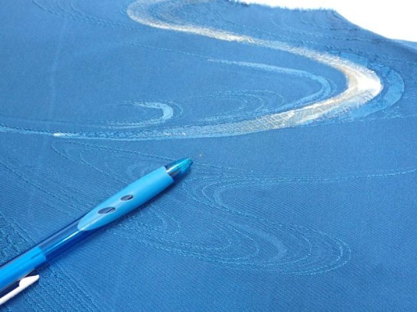 Photo6: 2M06z90  Japanese Kimono Silk  FABRIC Stream Dark blue 66.9x14.6 (6)