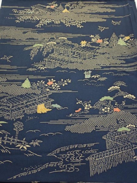 Photo1: 2M01z60  Japanese Kimono Silk  FABRIC Old Japanese house Dark navy 40.9x14.4 (1)