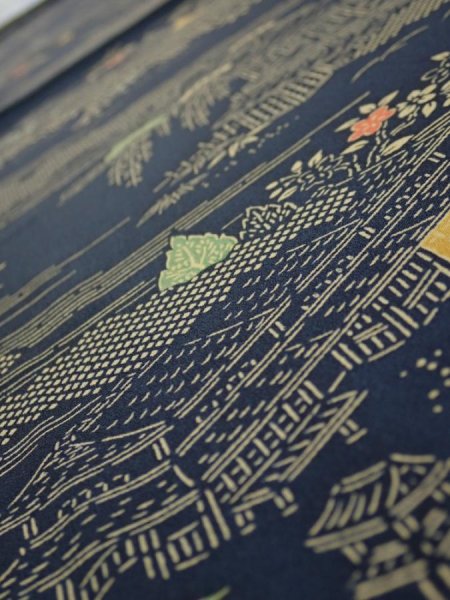 Photo4: 2M01z60  Japanese Kimono Silk  FABRIC Old Japanese house Dark navy 40.9x14.4 (4)