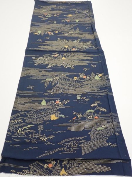 Photo5: 2M01z60  Japanese Kimono Silk  FABRIC Old Japanese house Dark navy 40.9x14.4 (5)