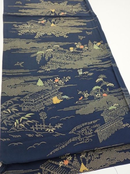 Photo2: 2M02z60  Japanese Kimono Silk  FABRIC Old Japanese house Dark navy 40.6x14.4 (2)