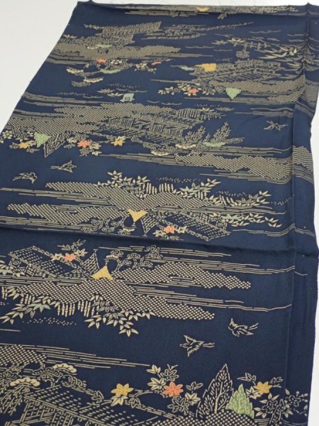 Photo3: 2M02z60  Japanese Kimono Silk  FABRIC Old Japanese house Dark navy 40.6x14.4 (3)