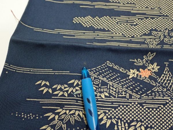 Photo6: 2M02z60  Japanese Kimono Silk  FABRIC Old Japanese house Dark navy 40.6x14.4 (6)