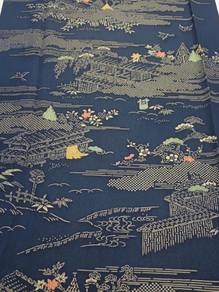 Photo1: 2M03z90  Japanese Kimono Silk  FABRIC Old Japanese house Dark navy 63.8x14.4 (1)