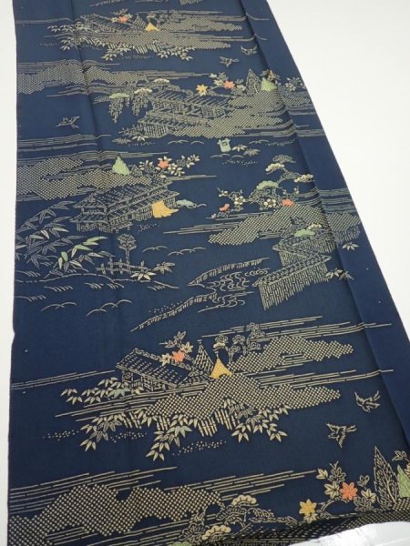 Photo2: 2M03z90  Japanese Kimono Silk  FABRIC Old Japanese house Dark navy 63.8x14.4 (2)