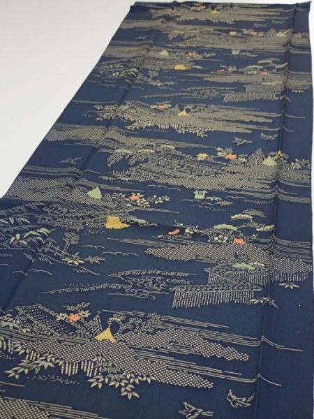 Photo3: 2M03z90  Japanese Kimono Silk  FABRIC Old Japanese house Dark navy 63.8x14.4 (3)