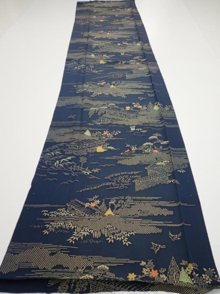 Photo5: 2M05z90  Japanese Kimono Silk  FABRIC Old Japanese house Dark navy 61.4x14.4 (5)