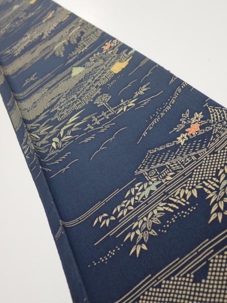 Photo1: 2M07z40  Japanese Kimono Silk  FABRIC Old Japanese house Dark navy 59.1x7.1 (1)