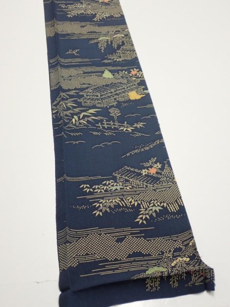 Photo2: 2M07z40  Japanese Kimono Silk  FABRIC Old Japanese house Dark navy 59.1x7.1 (2)