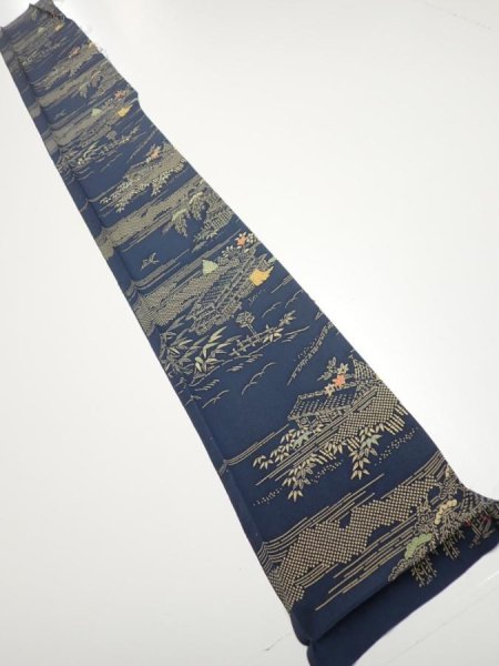 Photo4: 2M07z40  Japanese Kimono Silk  FABRIC Old Japanese house Dark navy 59.1x7.1 (4)