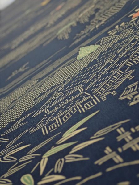 Photo5: 2M07z40  Japanese Kimono Silk  FABRIC Old Japanese house Dark navy 59.1x7.1 (5)