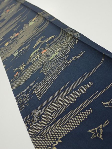 Photo1: 2M08z40  Japanese Kimono Silk  FABRIC Old Japanese house Dark navy 58.3x7.1 (1)