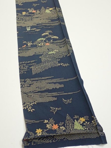 Photo2: 2M08z40  Japanese Kimono Silk  FABRIC Old Japanese house Dark navy 58.3x7.1 (2)