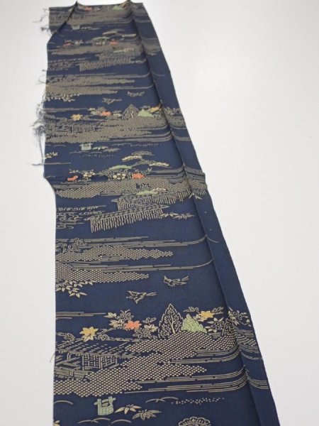 Photo3: 2M08z40  Japanese Kimono Silk  FABRIC Old Japanese house Dark navy 58.3x7.1 (3)