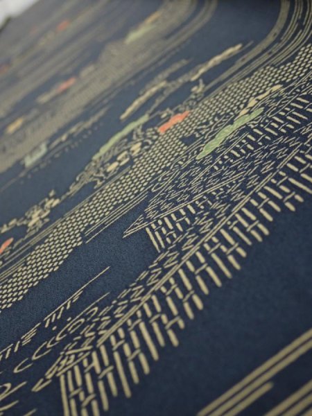 Photo4: 2M08z40  Japanese Kimono Silk  FABRIC Old Japanese house Dark navy 58.3x7.1 (4)