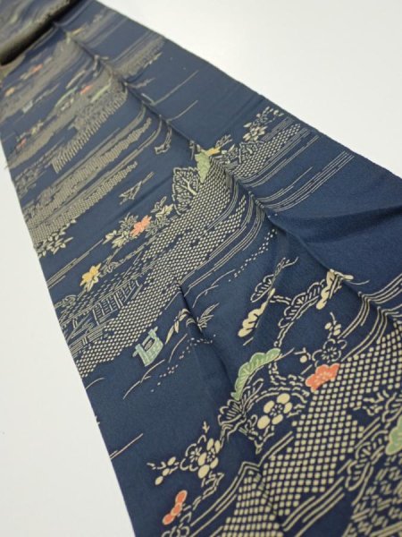 Photo1: 2M09z60  Japanese Kimono Silk  FABRIC Old Japanese house Dark navy 81.9x7.1 (1)