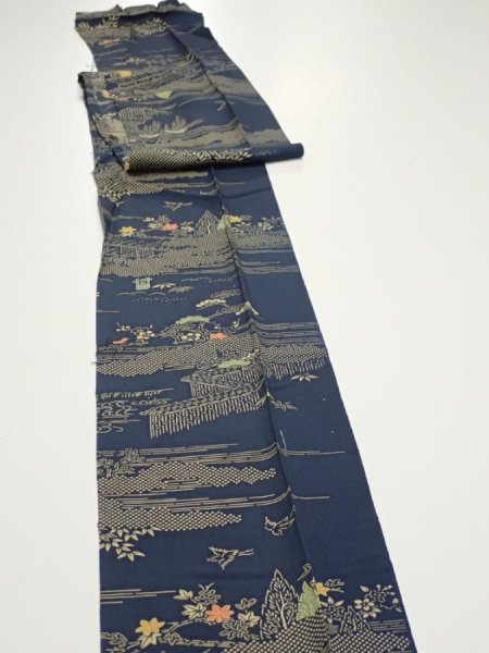 Photo3: 2M09z60  Japanese Kimono Silk  FABRIC Old Japanese house Dark navy 81.9x7.1 (3)