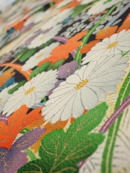 Photo4: 2M01z80  Japanese Kimono Crepe Silk  FABRIC Flowers Black 46.5x14.4 (4)