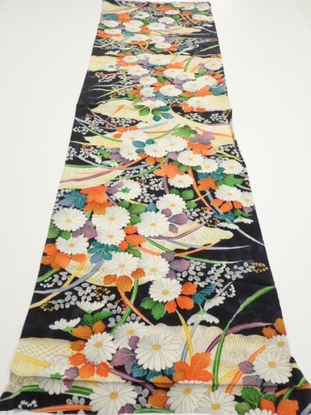 Photo5: 2M02z80  Japanese Kimono Crepe Silk  FABRIC Flowers Black 46.5x14.4 (5)