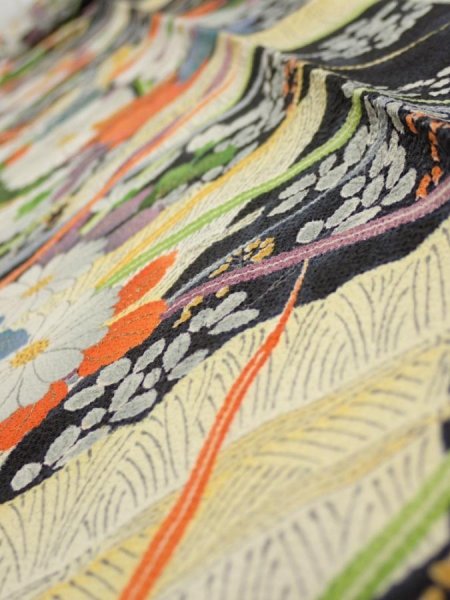 Photo5: 2M09z60  Japanese Kimono Crepe Silk  FABRIC Flowers Black 85.8x6.5 (5)
