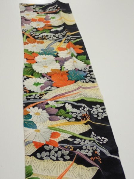 Photo4: 2M10z30  Japanese Kimono Crepe Silk  FABRIC Flowers Black 36.2x6.5 (4)