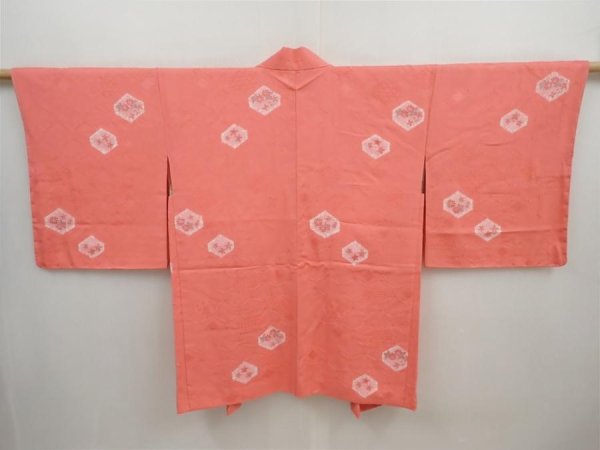 Photo1: 5907T03z580 Vintage Japanese Kimono Silk HAORI Flowers Coral pink (1)