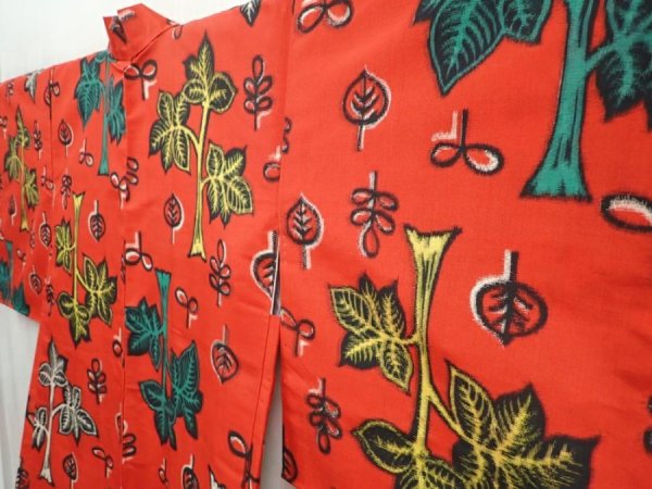 Photo2: 5907T07z420 Vintage Japanese Kimono Silk MEISEN HAORI Leaves Red (2)