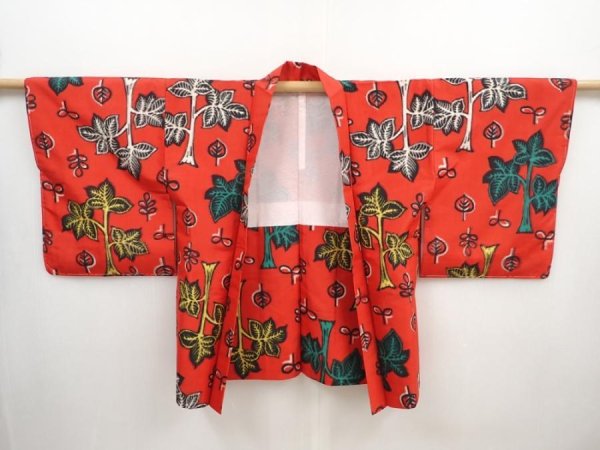 Photo5: 5907T07z420 Vintage Japanese Kimono Silk MEISEN HAORI Leaves Red (5)