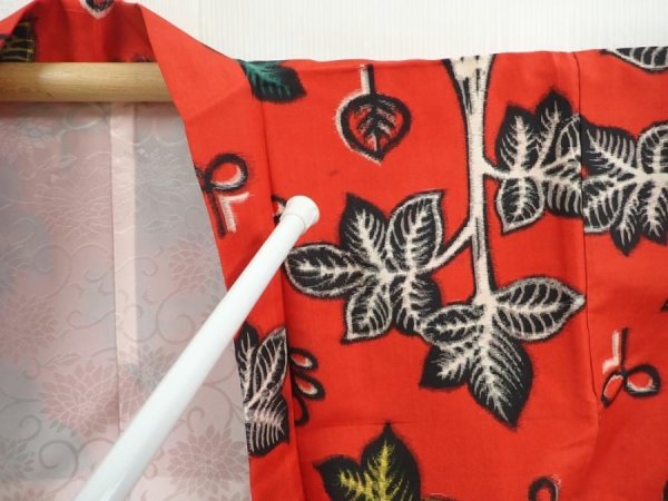 Photo6: 5907T07z420 Vintage Japanese Kimono Silk MEISEN HAORI Leaves Red (6)