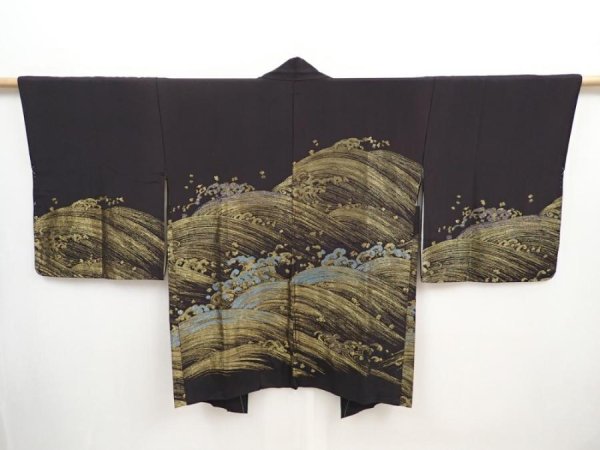 Photo1: 5907T08z620 Vintage Japanese Kimono Silk HAORI Wave Black (1)