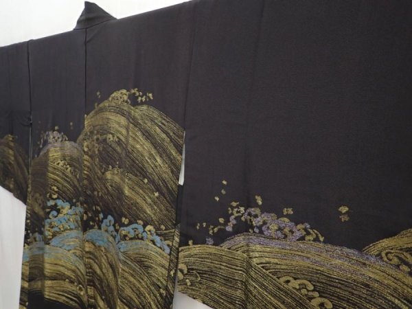 Photo2: 5907T08z620 Vintage Japanese Kimono Silk HAORI Wave Black (2)