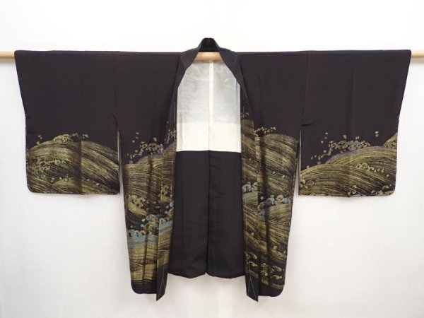 Photo5: 5907T08z620 Vintage Japanese Kimono Silk HAORI Wave Black (5)