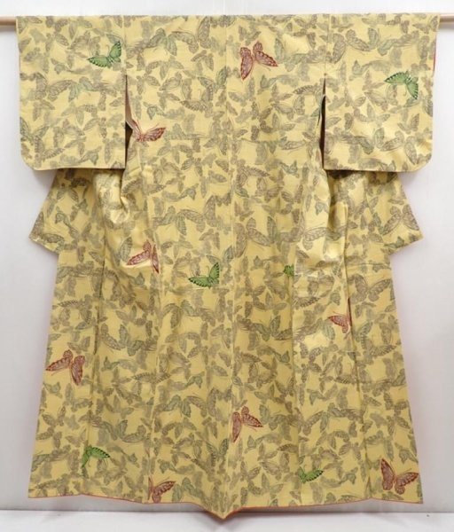 Photo1: 5907T09z790 Vintage Japanese Kimono Silk TSUMUGI Butterfly Straw yellow (1)